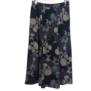 Serengeti Dark Romantic Blue Floral Chiffon Midi Skirt Pull On Waist Sz Small